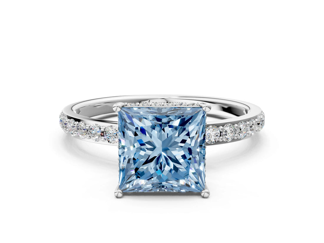White gold Fancy Blue Princess Cut Diamond Solitaire Ring with Pavé Band and Hidden Halo_72