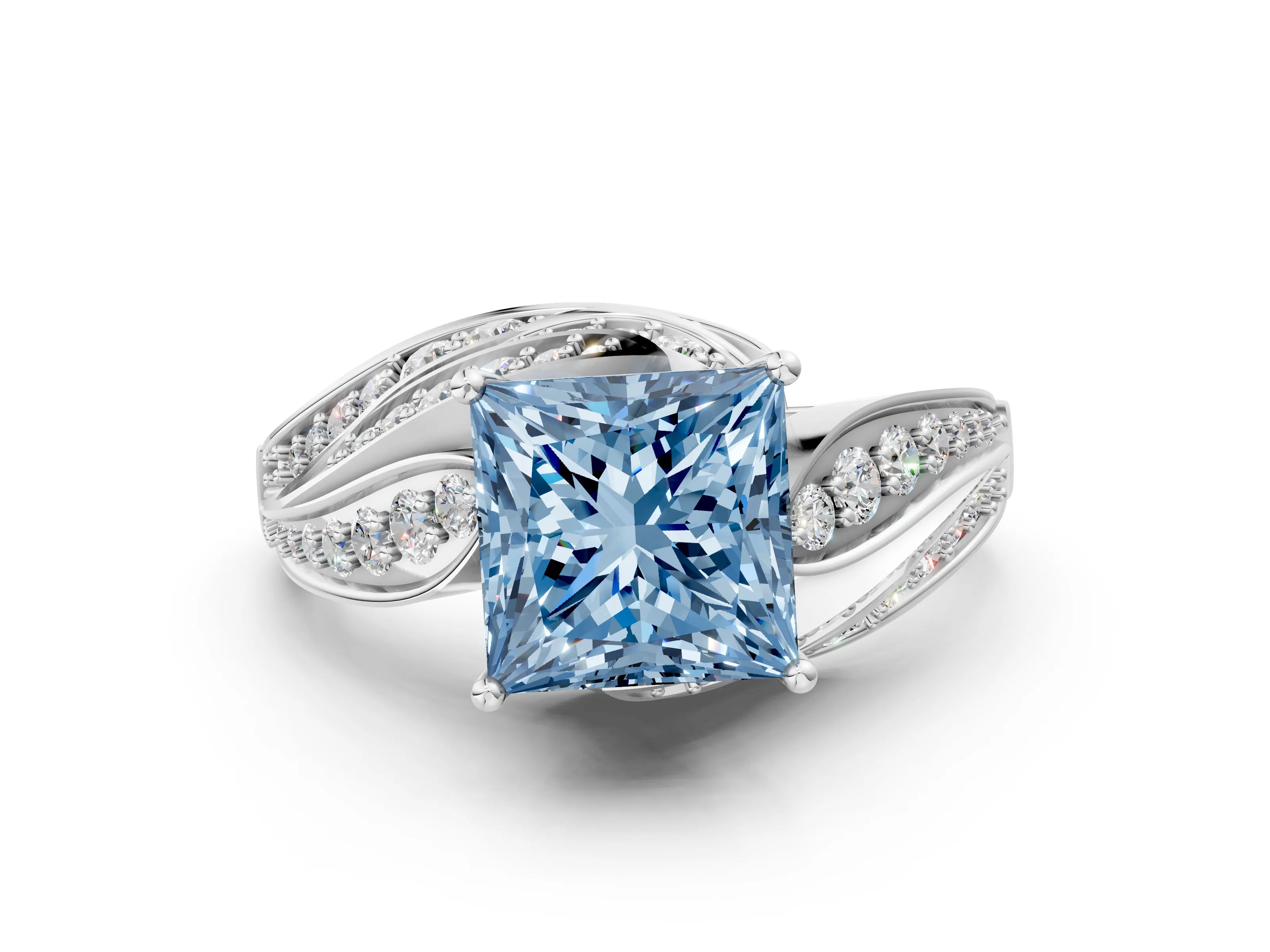 White gold Fancy Blue Princess Cut Diamond Solitaire Ring with Prong Setting and Twisted Pavé Band_12