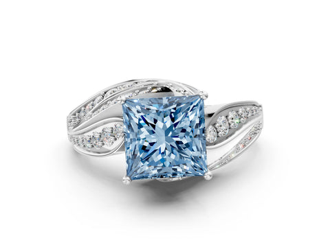 White gold Fancy Blue Princess Cut Diamond Solitaire Ring with Prong Setting and Twisted Pavé Band_12