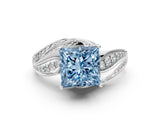 White gold Fancy Blue Princess Cut Diamond Solitaire Ring with Prong Setting and Twisted Pavé Band_12