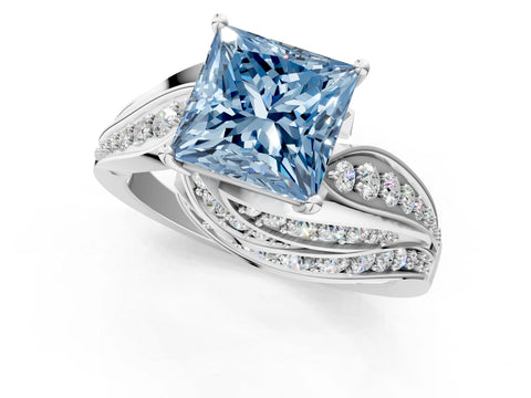 White gold Fancy Blue Princess Cut Diamond Solitaire Ring with Prong Setting and Twisted Pavé Band_13
