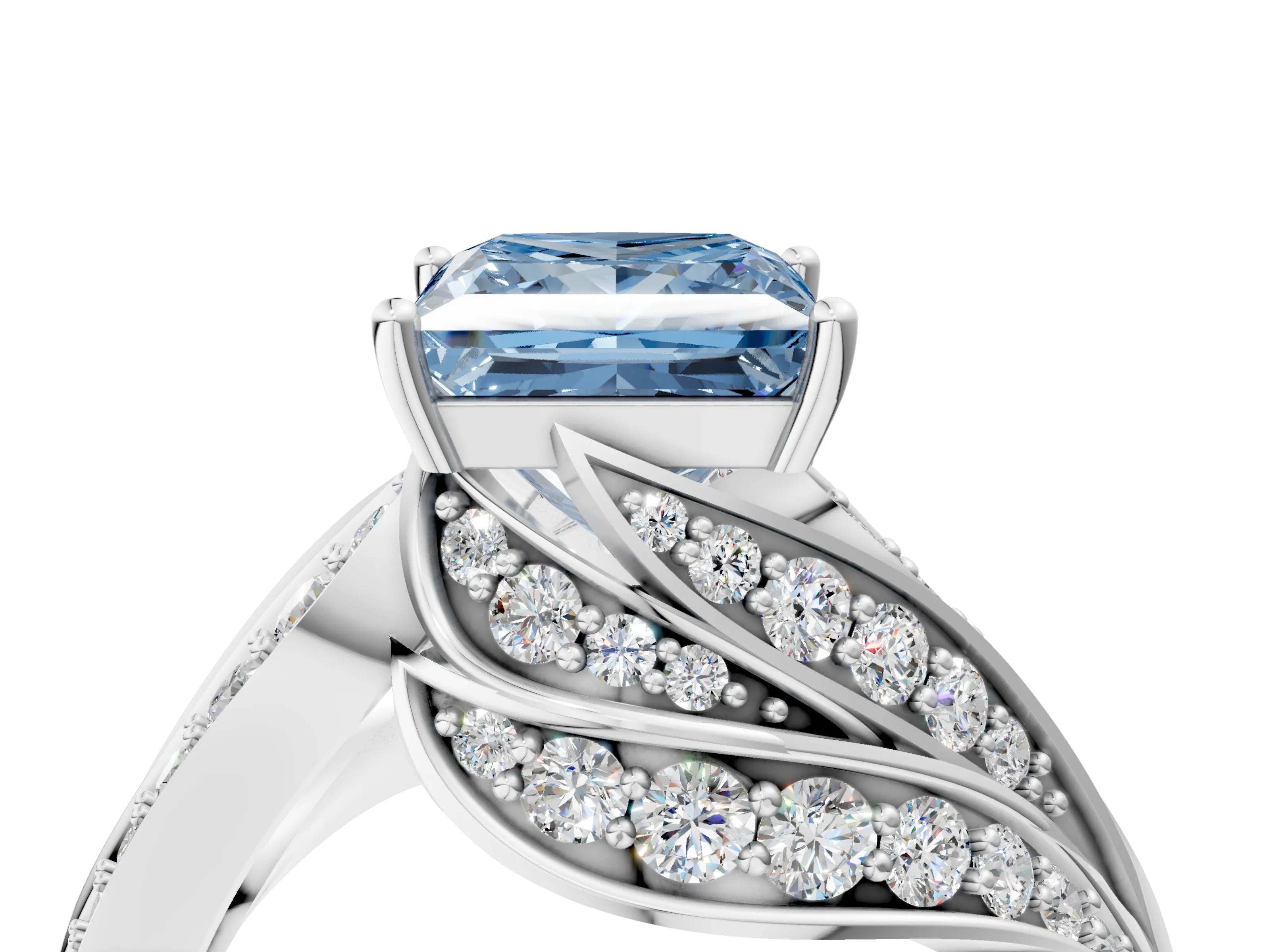 White gold Fancy Blue Princess Cut Diamond Solitaire Ring with Prong Setting and Twisted Pavé Band_16