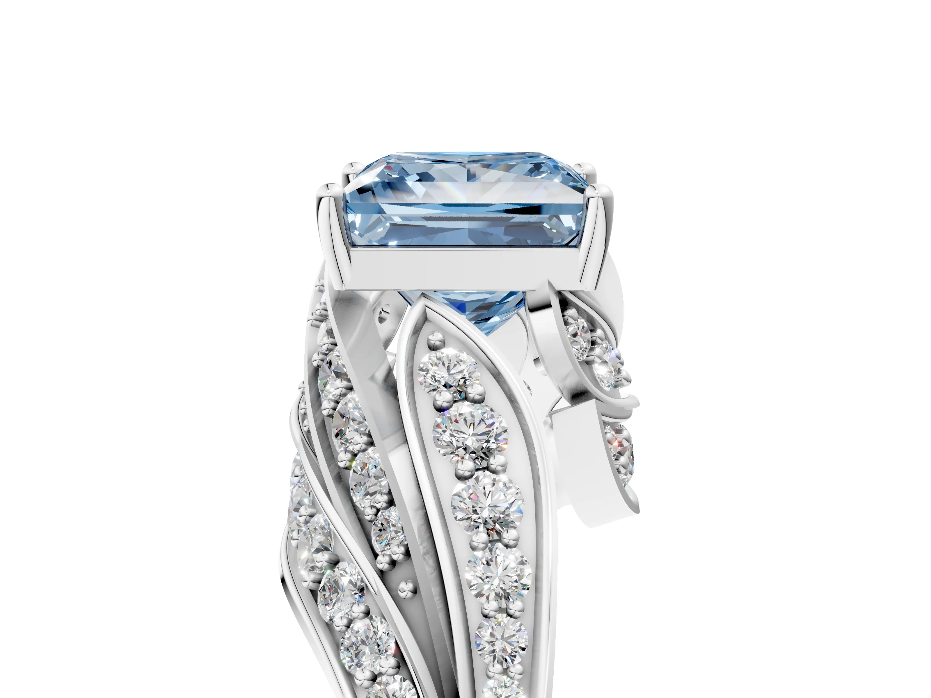 White gold Fancy Blue Princess Cut Diamond Solitaire Ring with Prong Setting and Twisted Pavé Band_17
