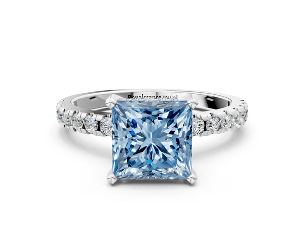 White Gold Princess Cut Hidden Halo Solitaire Engagement Ring Setting for Fancy Blue Center with Single Row Pave Band