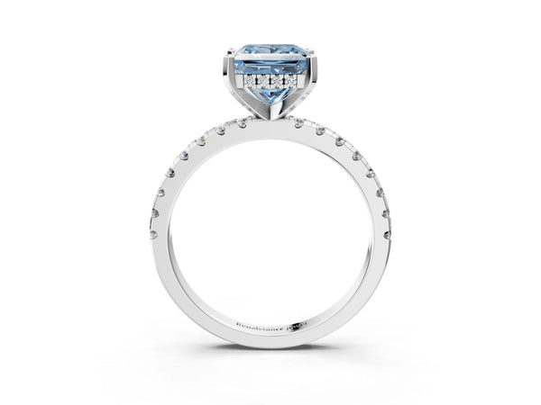 White Gold Princess Cut Hidden Halo Solitaire Engagement Ring Setting for Fancy Blue Center with Single Row Pave Band
