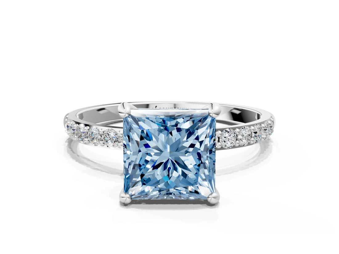 White gold Fancy Blue Princess Cut Diamond Solitaire Ring with Round  Pavé Band and Prong Setting_135
