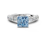 White gold Fancy Blue Princess Cut Diamond Solitaire Ring with Shared Prong Pavé Band and Four-Prong Setting_58