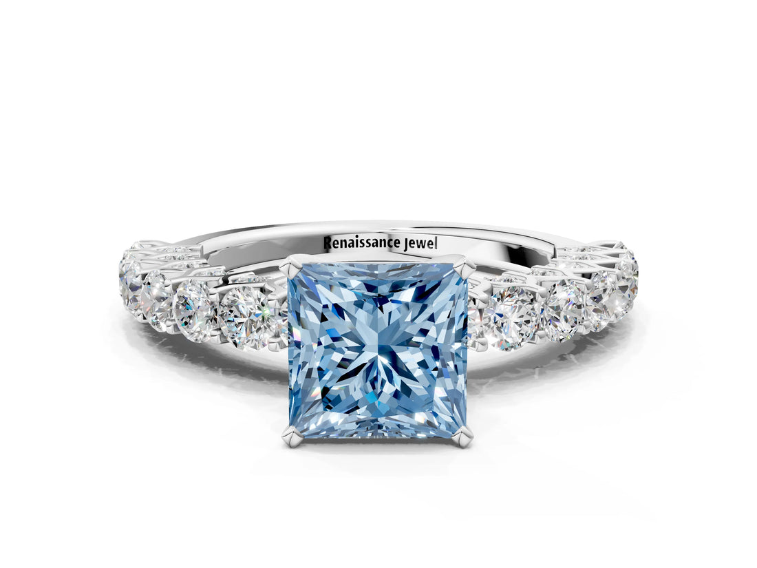 White gold Fancy Blue Princess Cut Diamond Solitaire Ring with Shared Prong Pavé Band and Four-Prong Setting_58