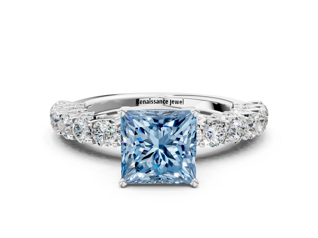 White gold Fancy Blue Princess Cut Diamond Solitaire Ring with Shared Prong Pavé Band and Four-Prong Setting_70