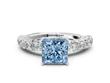 White gold Fancy Blue Princess Cut Diamond Solitaire Ring with Shared Prong Pavé Band and Four-Prong Setting_70