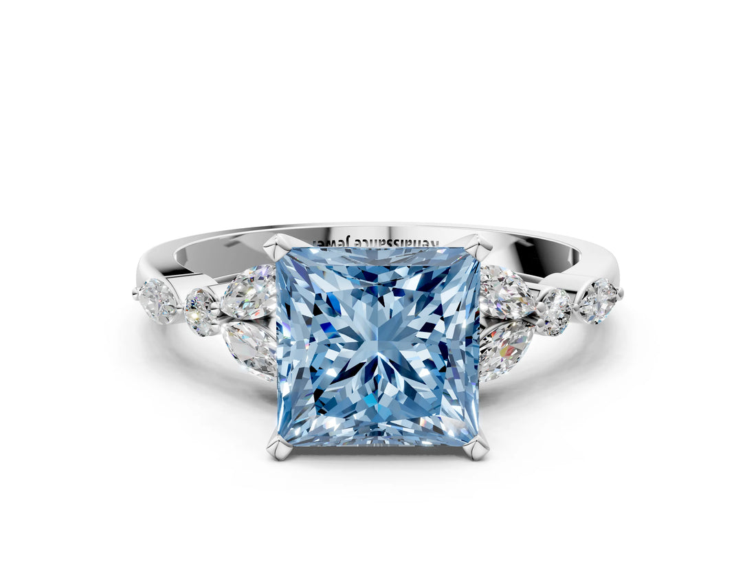 White gold Fancy Blue Princess Cut Diamond Solitaire Ring with Side Stones and Four-Prong Setting_44