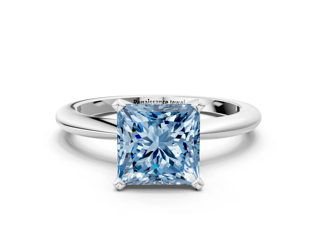 White gold Fancy Blue Princess Cut Diamond Solitaire Ring with Six-Prong Setting and Classic Band_295