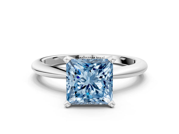 Platinum Fancy Blue Princess Cut Diamond Solitaire Ring with Six-Prong Setting and Classic Band