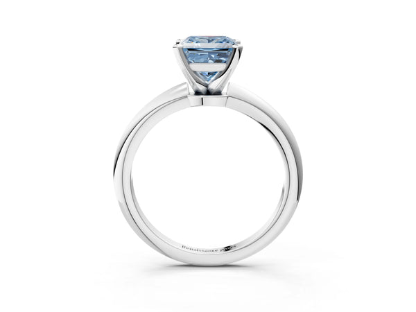 Platinum Fancy Blue Princess Cut Diamond Solitaire Ring with Six-Prong Setting and Classic Band