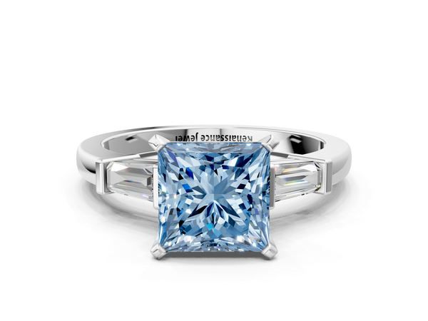 Platinum Fancy Blue Princess  Cut Diamond Solitaire Ring with Tapered Baguette Accents and Four-Prong Setting