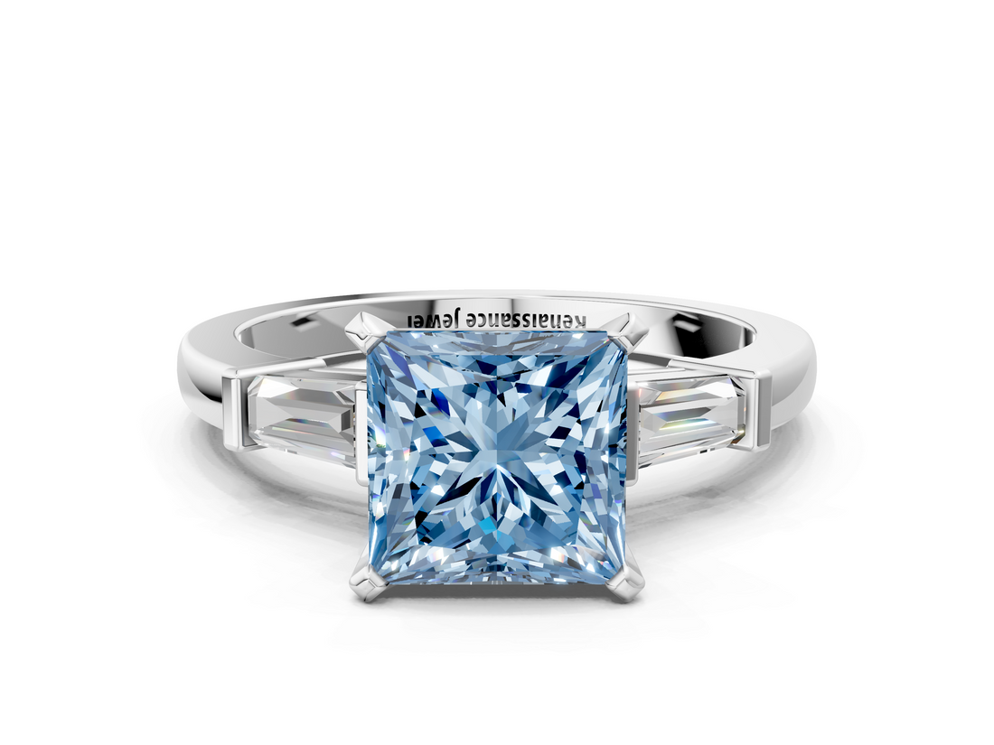 White gold Fancy Blue Princess  Cut Diamond Solitaire Ring with Tapered Baguette Accents and Four-Prong Setting_59