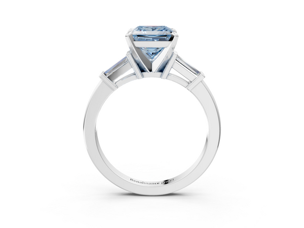 Platinum Fancy Blue Princess  Cut Diamond Solitaire Ring with Tapered Baguette Accents and Four-Prong Setting