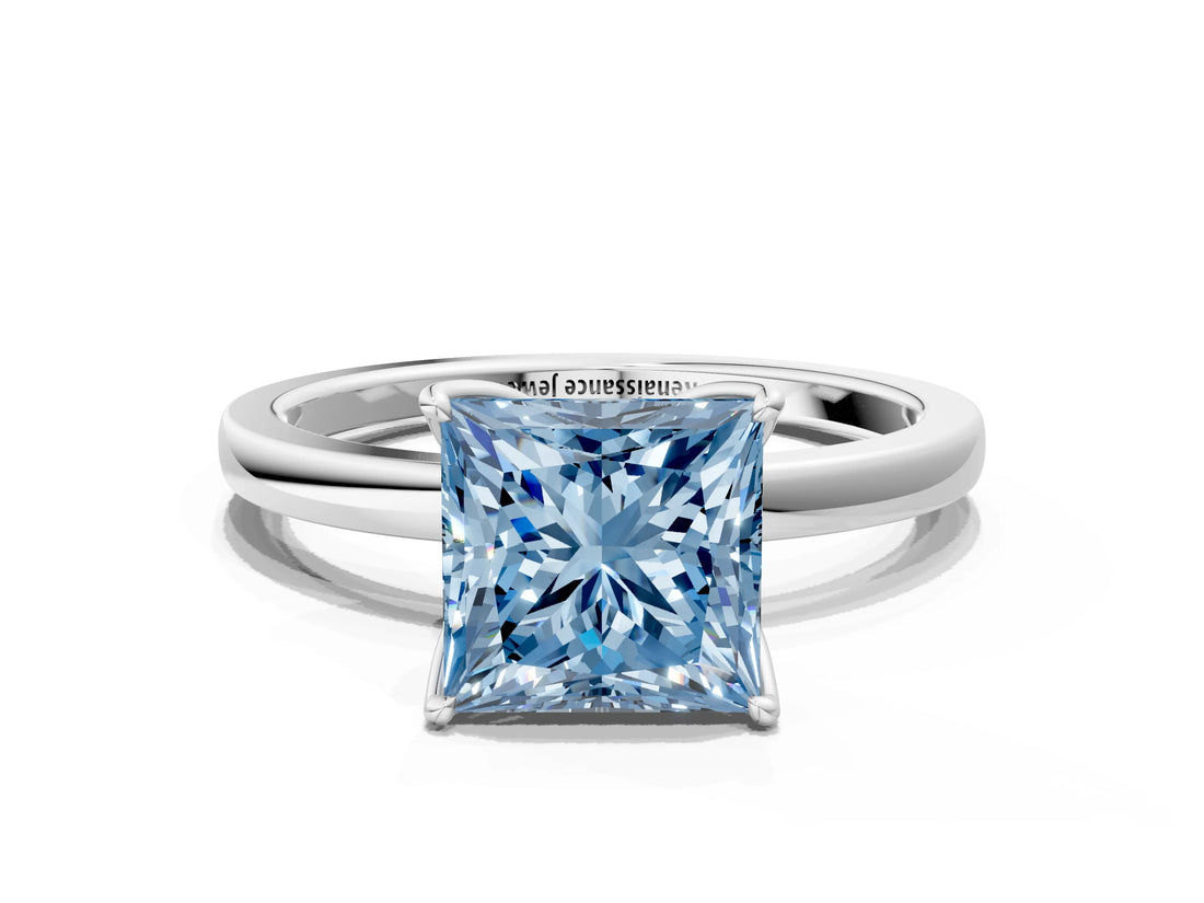 White gold Fancy Blue Princess Cut Diamond Solitaire Ring with Thin Band and Prong Setting_14