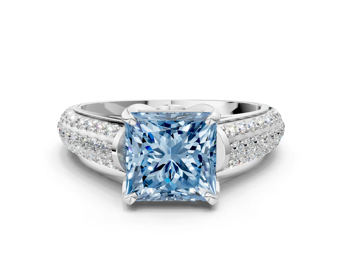 White gold Fancy Blue Princess Cut Diamond Solitaire Ring with Three-Row Pavé Band and Four-Prong Setting_49