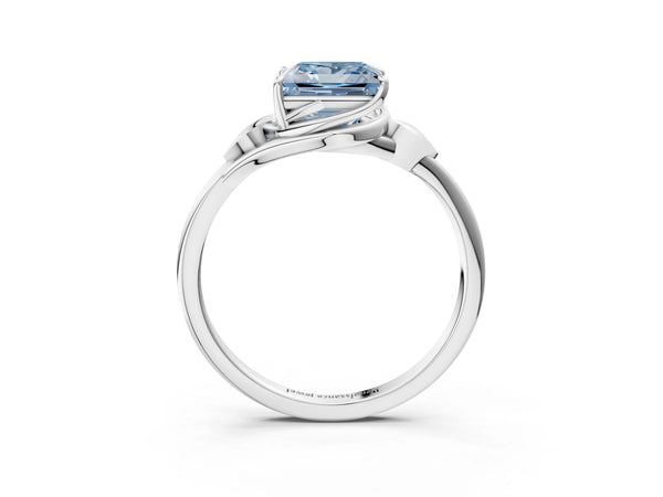 Platinum Fancy Blue Princess Cut Diamond Solitaire Ring with Twist Band and Four-Prong Setting