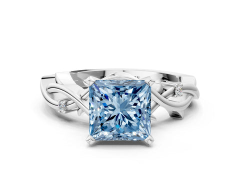 White gold Fancy Blue Princess Cut Diamond Solitaire Ring with Twisted Band and Prong Setting_335