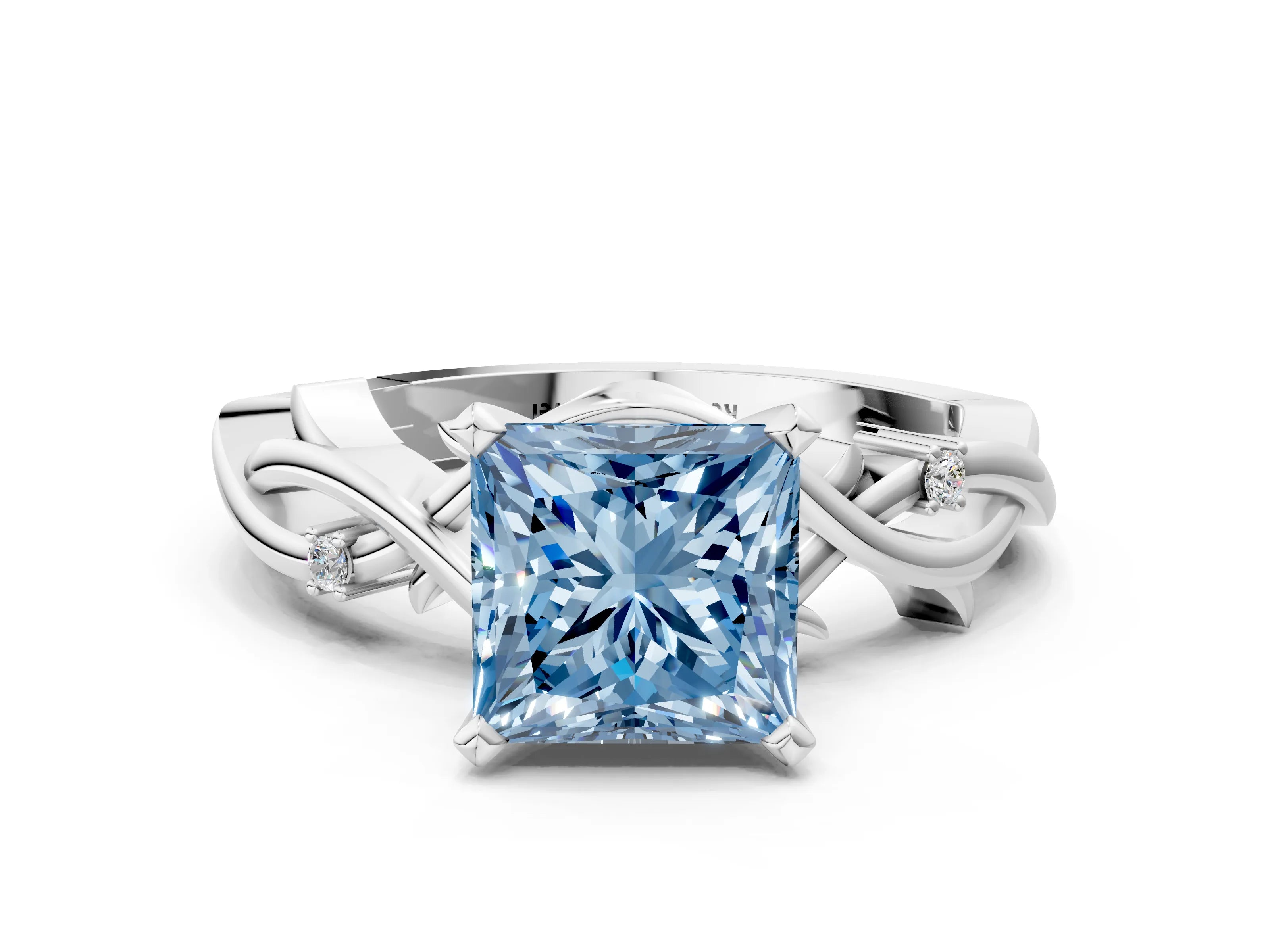 White gold Fancy Blue Princess Cut Diamond Solitaire Ring with Twisted Band and Prong Setting_336