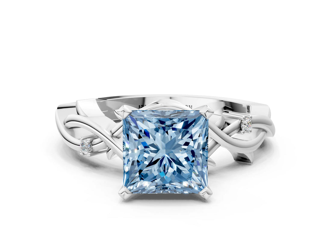 White gold Fancy Blue Princess Cut Diamond Solitaire Ring with Twisted Band and Prong Setting_336