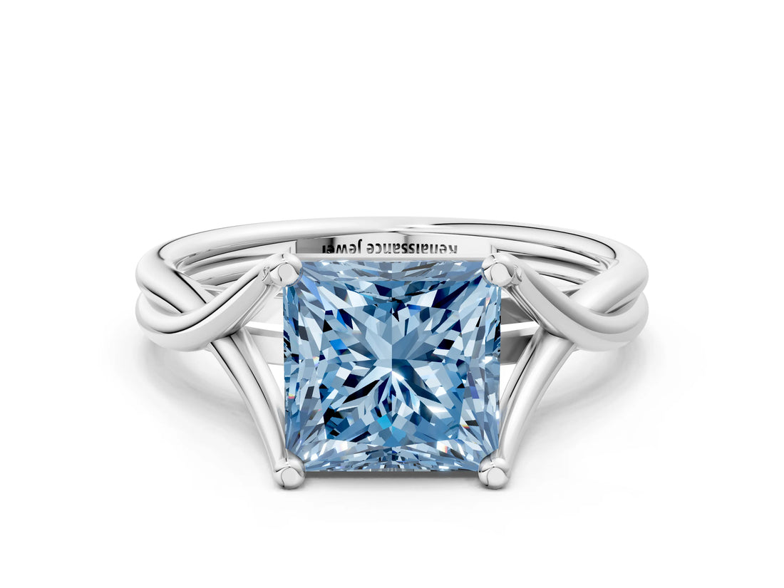 White gold Fancy Blue Princess Cut Diamond Solitaire Twist Band Prong Setting Ring_103