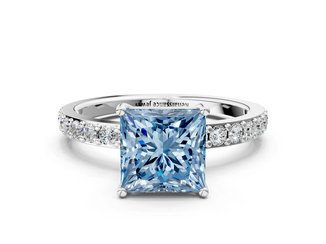 White gold Fancy Blue Princess  Cut Diamond Solitaire with Pave Band and Four-Prong Setting 1
