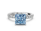 White gold Fancy Blue Princess  Cut Diamond Solitaire with Pave Band and Four-Prong Setting 1