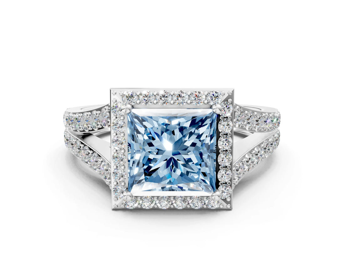 White gold Fancy Blue Princess Cut Diamond Split Shank Halo Ring with Four-Prong Setting_70