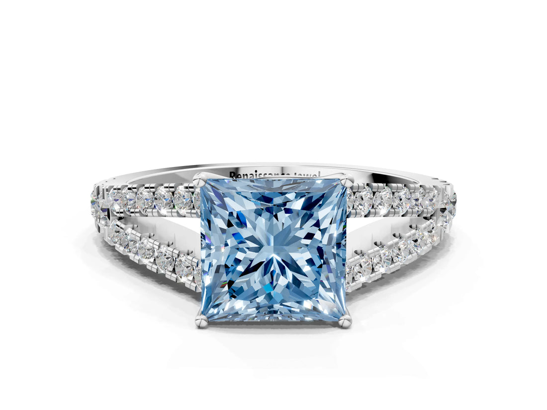 White gold Fancy Blue Princess Cut Diamond Split Shank Pavé Engagement Ring with Four-Prong Setting_73