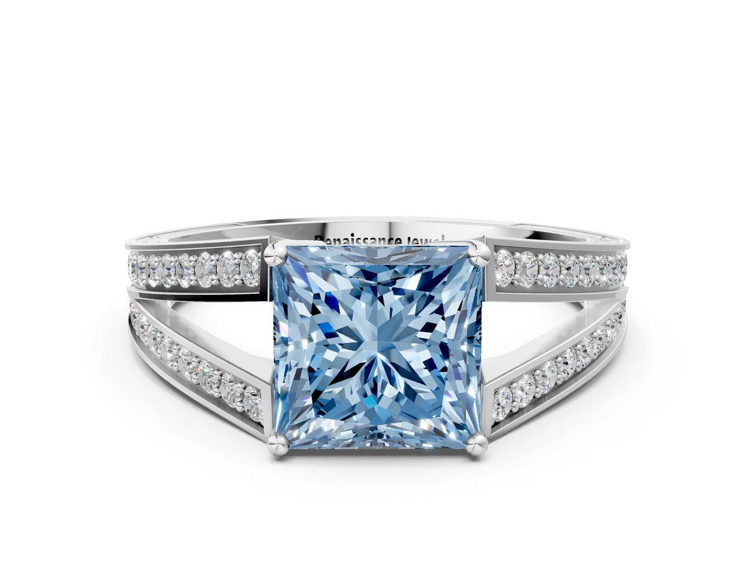 White gold Fancy Blue Princess Cut Diamond Split Shank Ring with Pavé Band and Four-Prong Setting_140