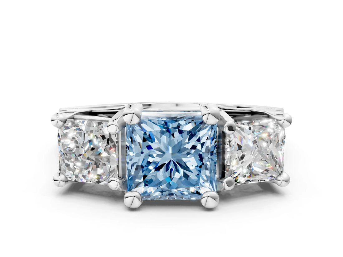 White gold Fancy Blue Princess Cut Diamond Three-Stone Ring with Channel Set Band and Four-Prong Setting_61