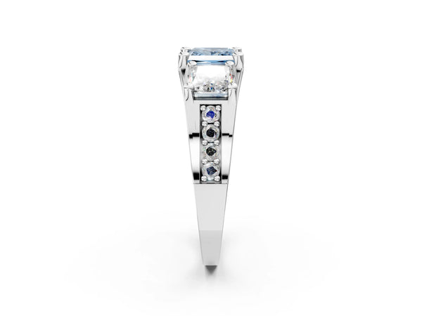White gold Fancy Blue Princess Cut Diamond Three-Stone Ring with Channel Set Band and Four-Prong Setting