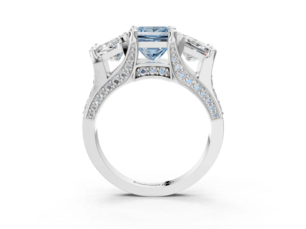White gold Fancy Blue Princess Cut Diamond Three-Stone Ring with Channel Set Band and Four-Prong Setting