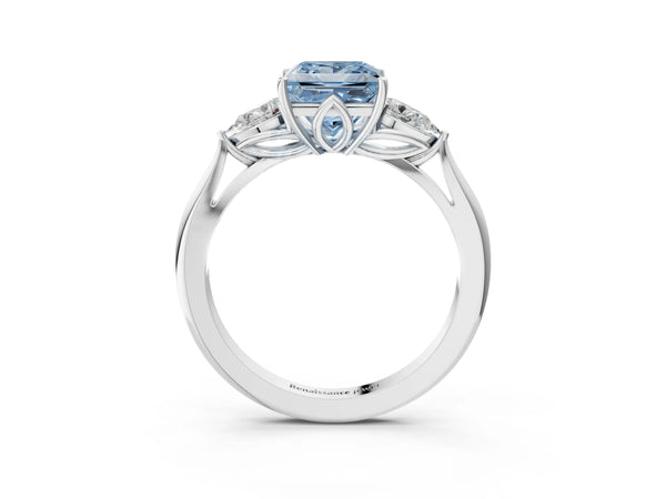 Platinum Princess Cut Three Stone Pear Side Engagement Ring Setting for Fancy Blue Center