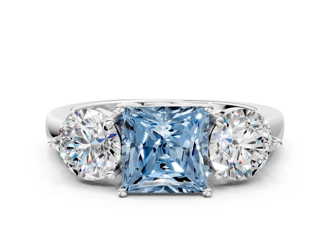 White gold Fancy Blue Princess Cut Diamond Three-Stone Ring with Prong Setting and Classic Band_110