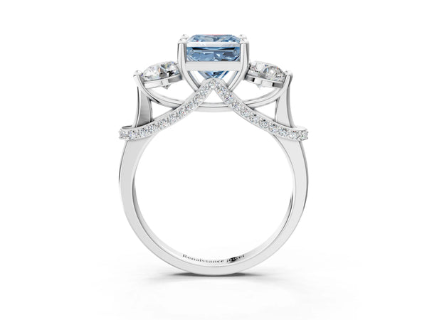 White gold Fancy Blue Princess Cut Diamond Three-Stone Ring with Prong Setting and Pavé Band