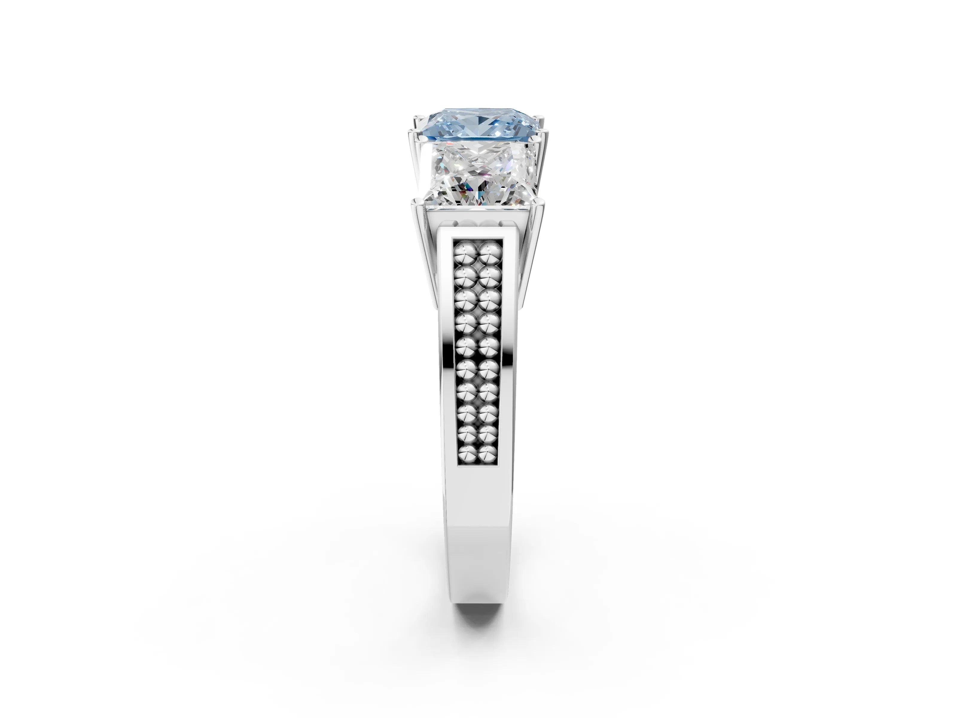 White gold Fancy Blue Princess Cut Diamond Three-Stone Ring with Prong Setting and Textured Band_26