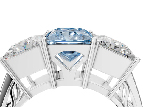 White gold Fancy Blue Princess Cut Diamond Three-Stone Ring with Prong Setting and Textured Band_27