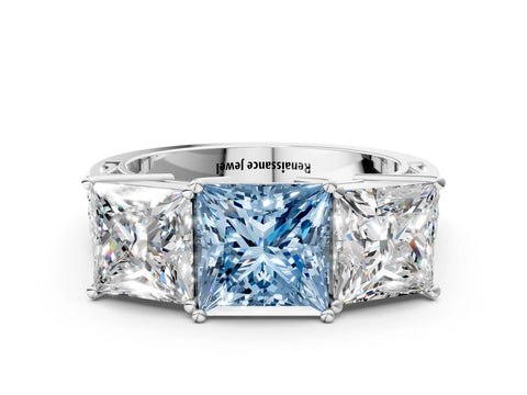White gold Fancy Blue Princess Cut Diamond Three-Stone Ring with Prong Setting and Textured Band_36