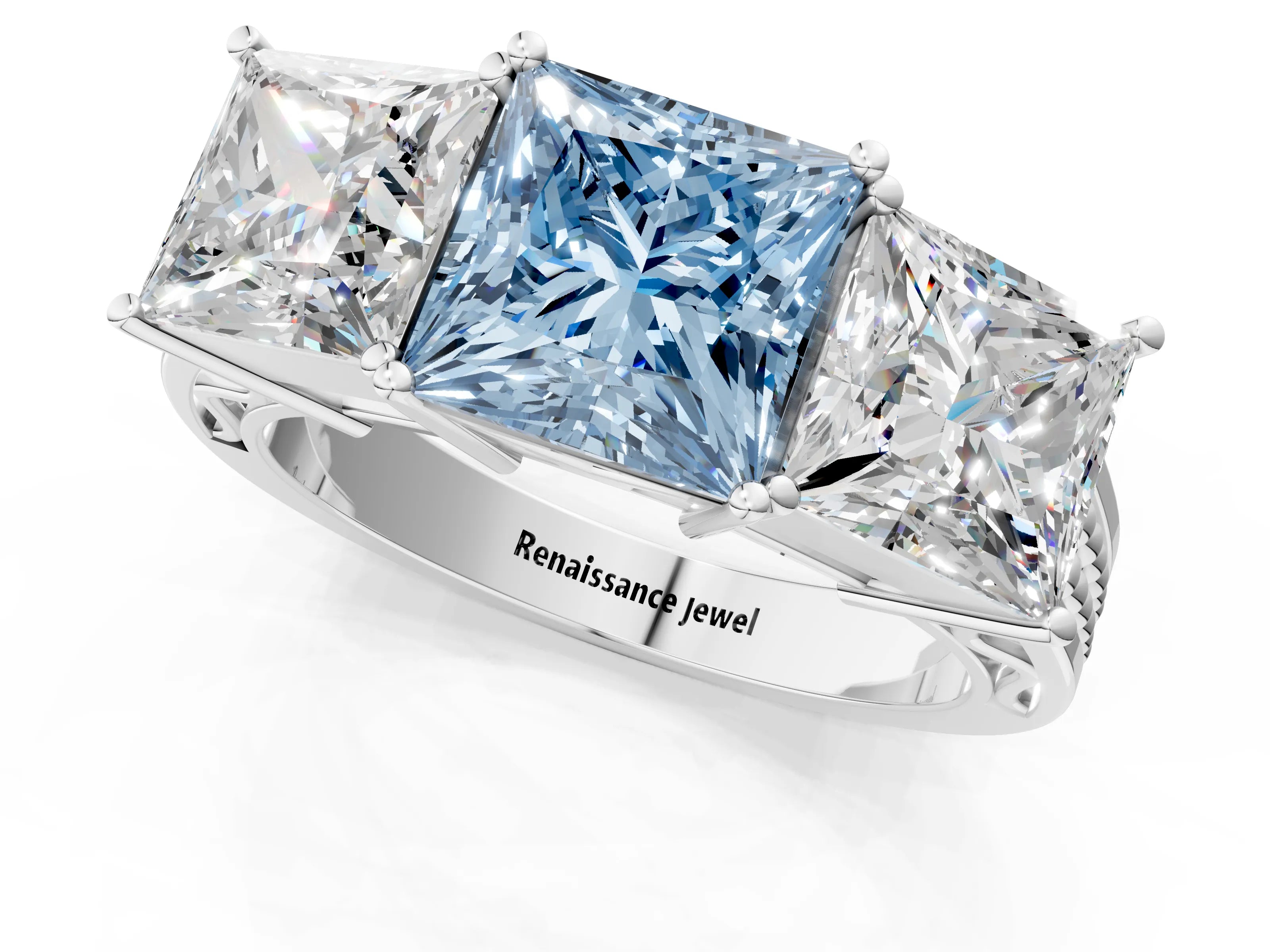 White gold Fancy Blue Princess Cut Diamond Three-Stone Ring with Prong Setting and Textured Band_37