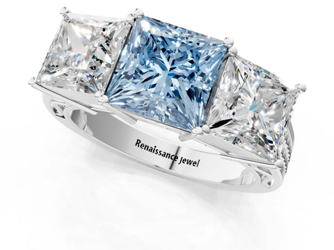 White gold Fancy Blue Princess Cut Diamond Three-Stone Ring with Prong Setting and Textured Band_37