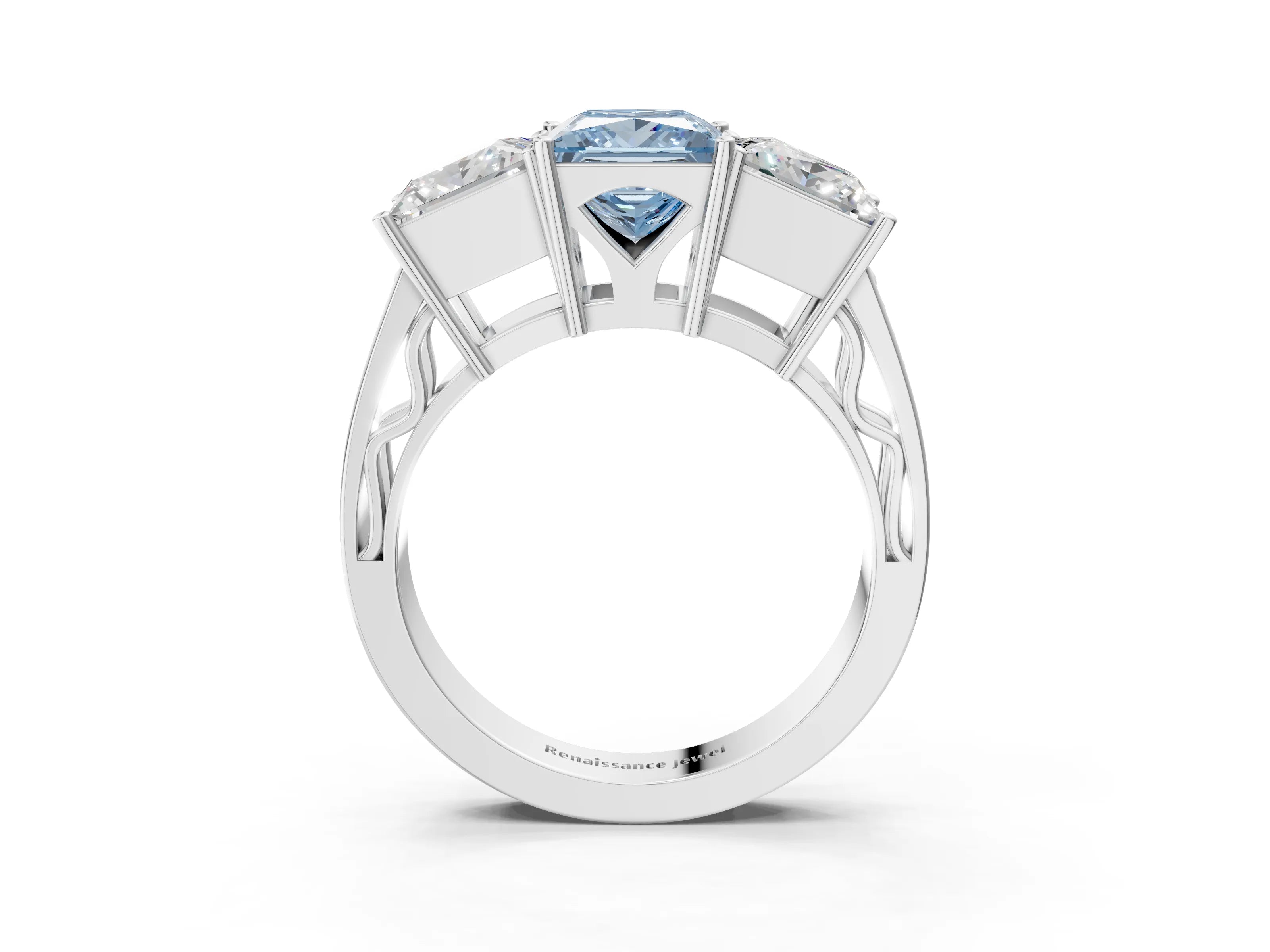 White gold Fancy Blue Princess Cut Diamond Three-Stone Ring with Prong Setting and Textured Band_39