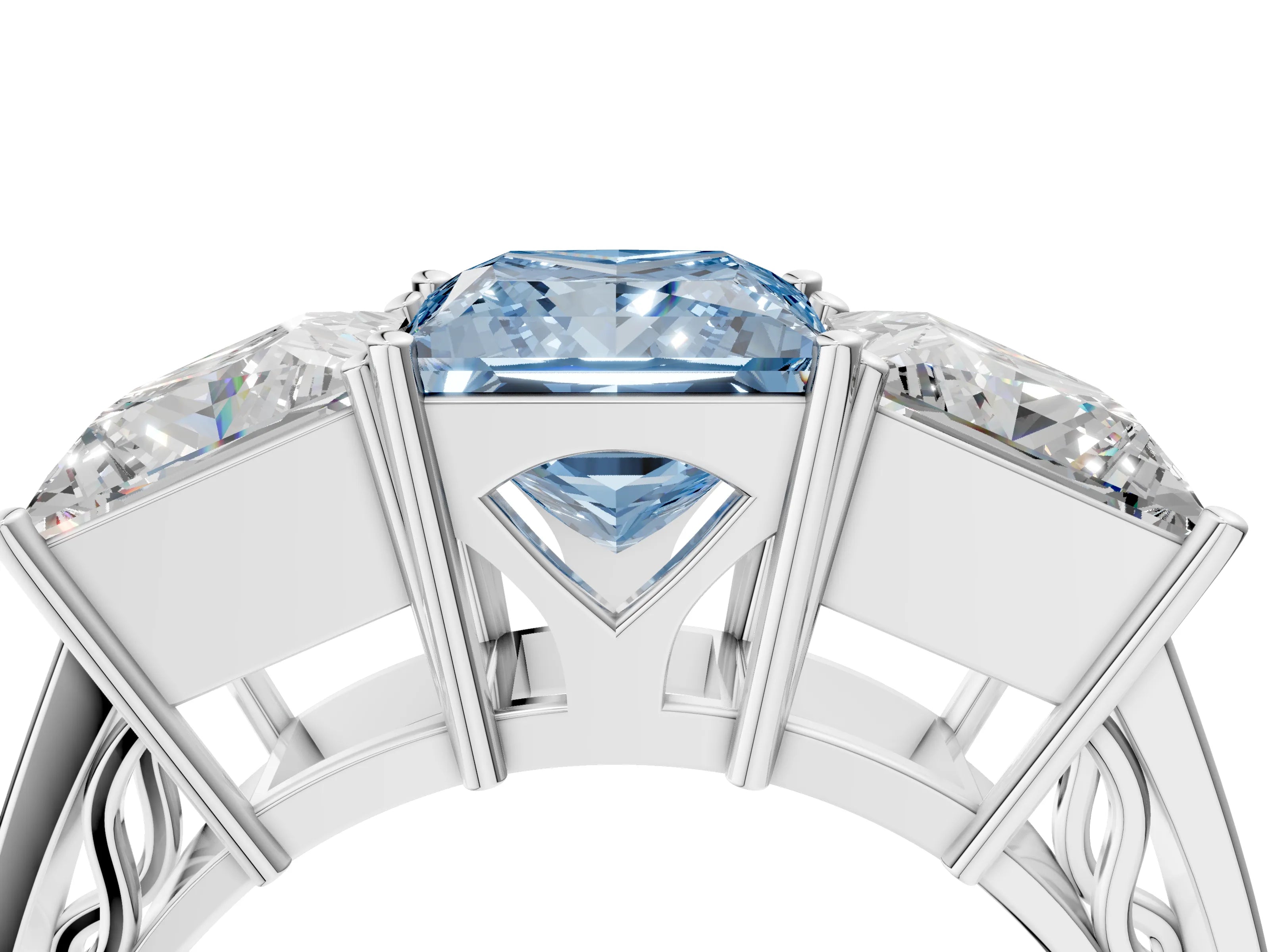 White gold Fancy Blue Princess Cut Diamond Three-Stone Ring with Prong Setting and Textured Band_40