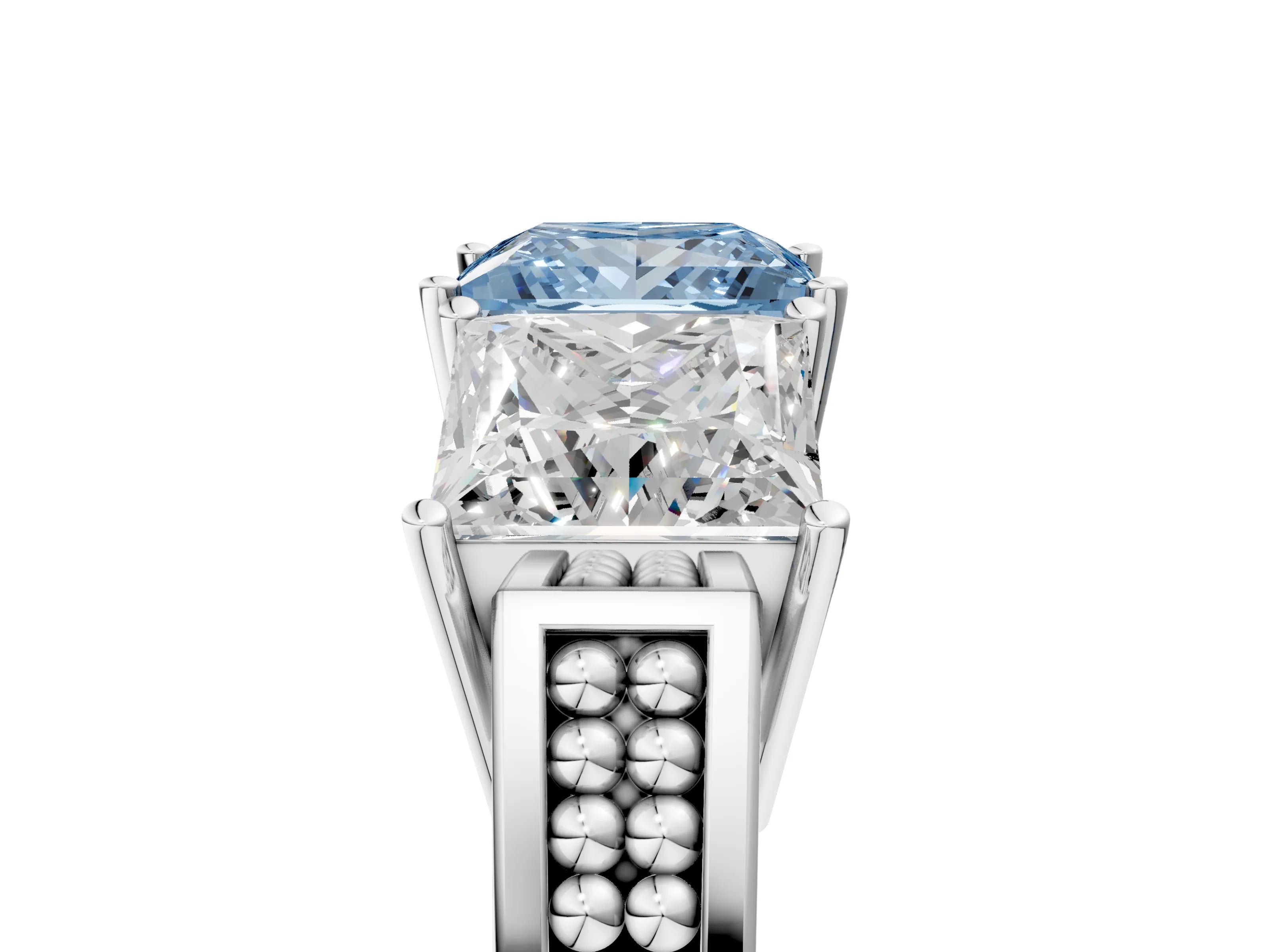 White gold Fancy Blue Princess Cut Diamond Three-Stone Ring with Prong Setting and Textured Band_41