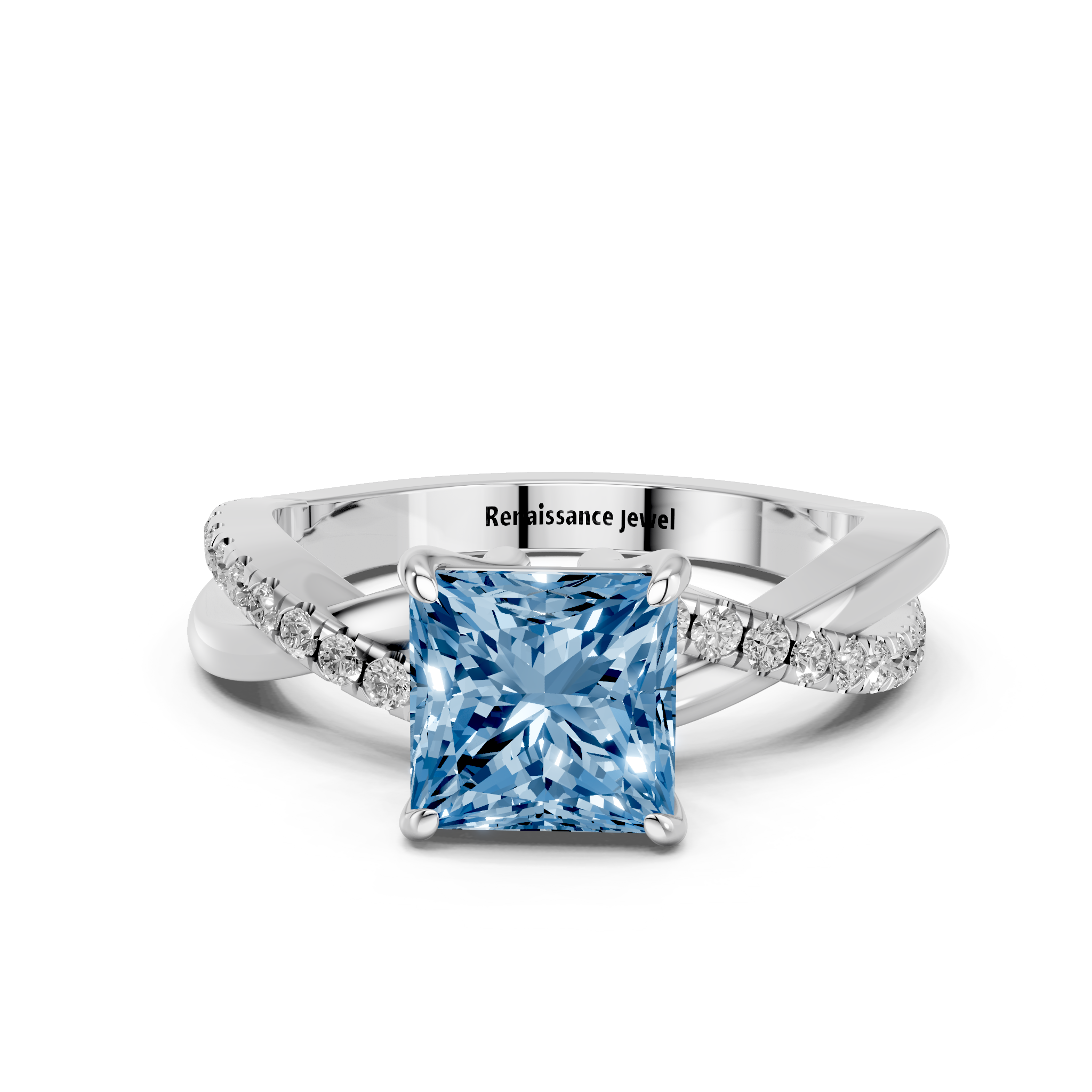 White gold Fancy Blue Princess  Cut Diamond Twist Band Solitaire with Prong Setting_20