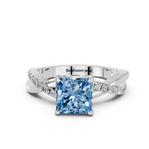 White gold Fancy Blue Princess  Cut Diamond Twist Band Solitaire with Prong Setting_20