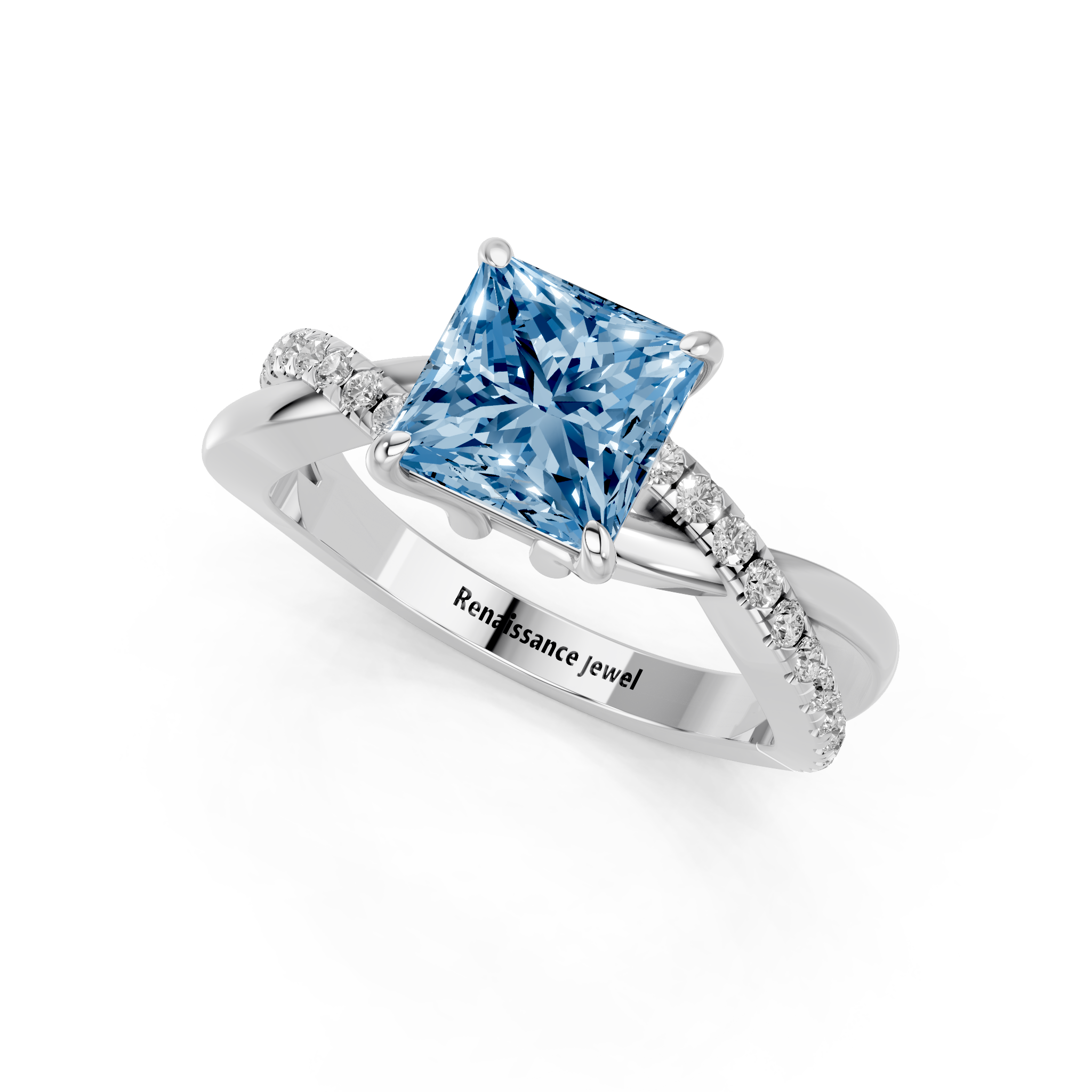 White gold Fancy Blue Princess  Cut Diamond Twist Band Solitaire with Prong Setting_3